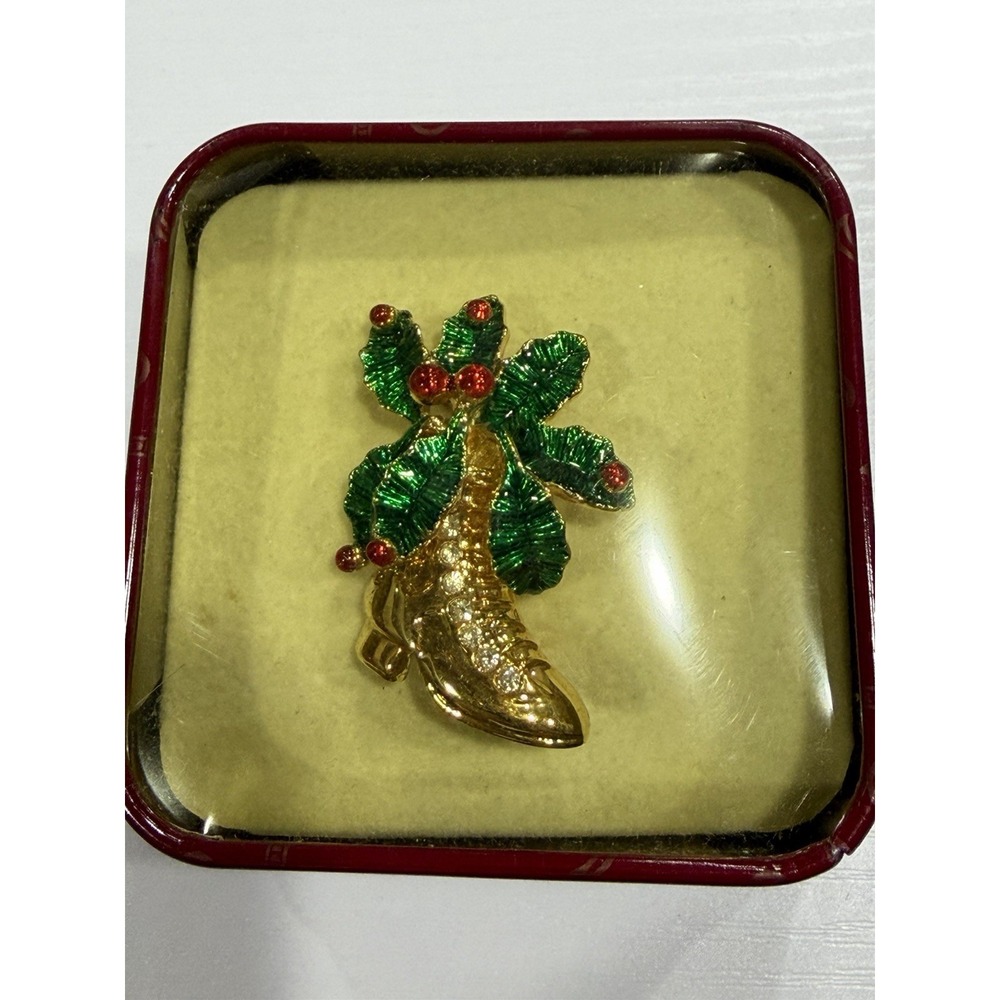 Vintage Christmas Brooch NOS Holly Boot Pin Rhinestone Enamel Gold Tone Box